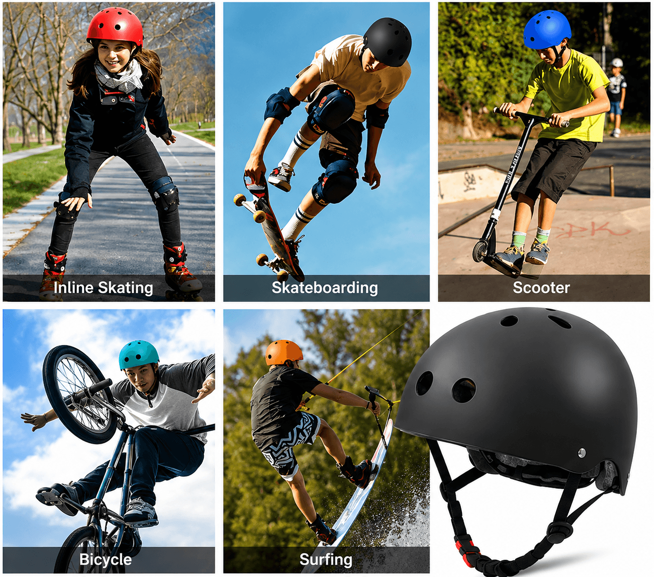 Helmet uses for inline skating, skateboarding, scooter, bicycle, surfing, and helmet protection